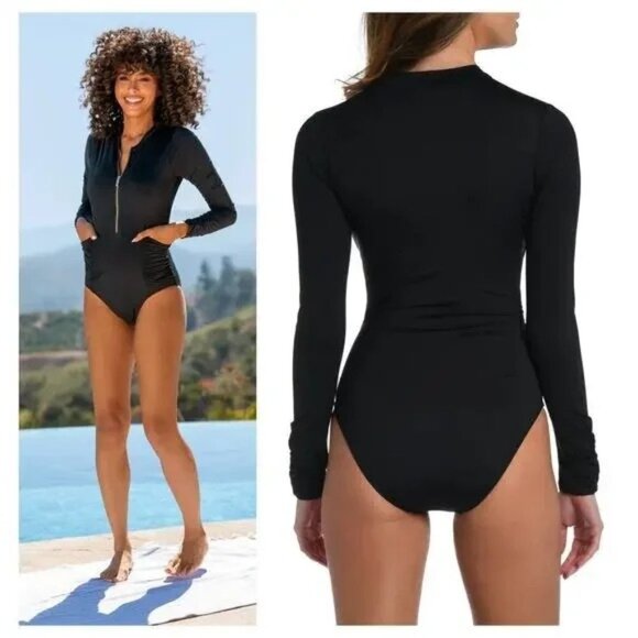 🆕LA BLANCA Rash Guard Long Sleeve Zip One Piece Swimsuit Black Large 14 - Picture 1 of 8